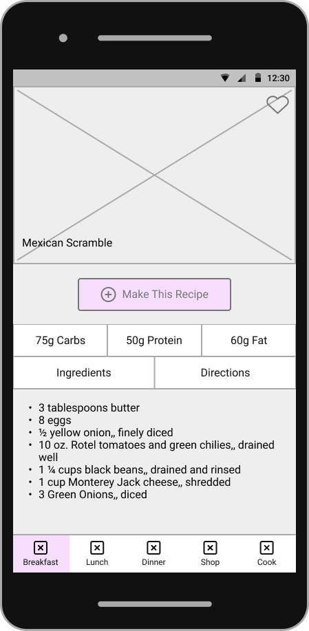wireframe breakfast recipe wireframe android